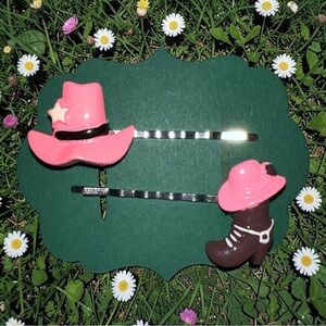 NEW Pink and Brown Cowgirl Hat and Boot Bobby-pin Set